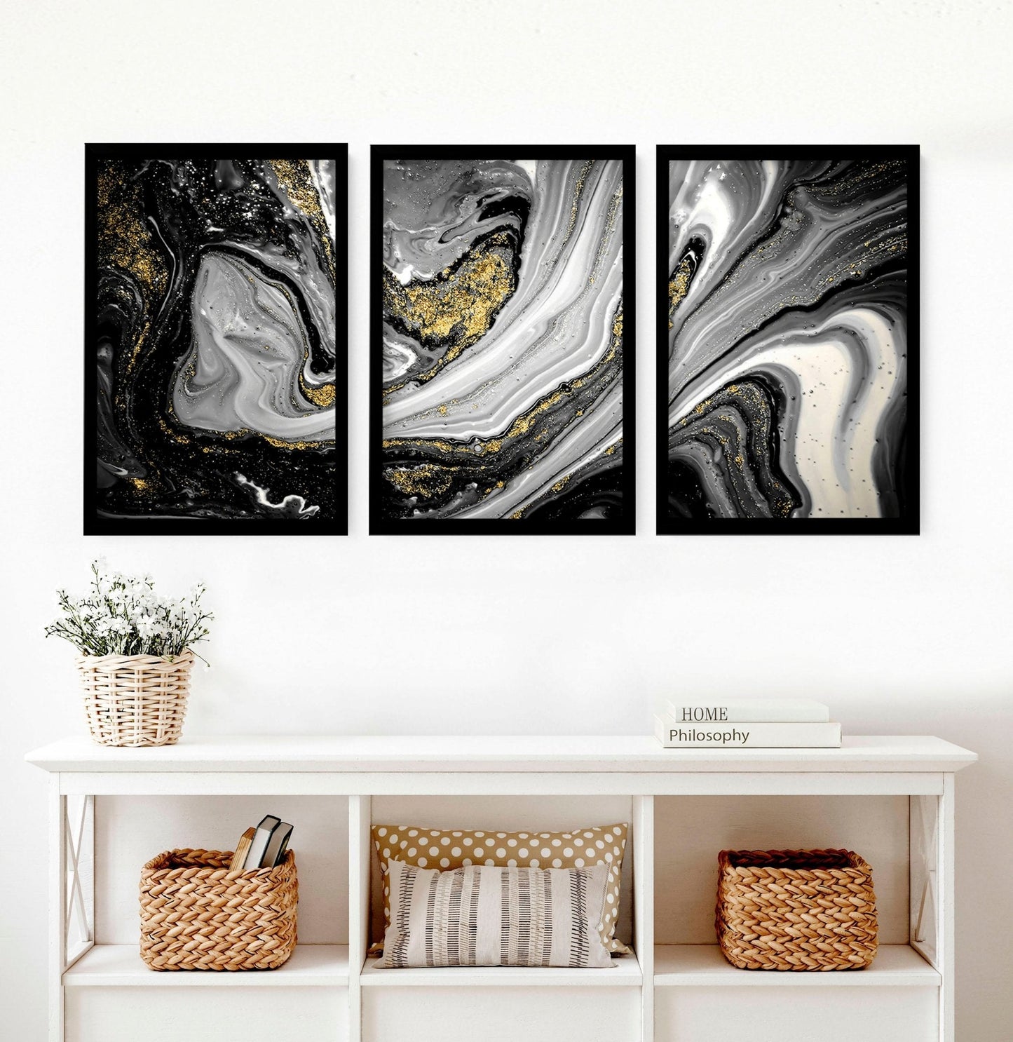 Black and Gold Abstract large wall art | set of 3 wall art prints